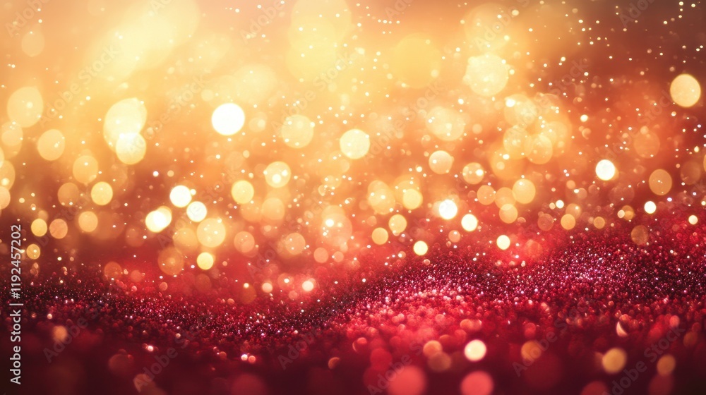 Poster sparkling golden and red bokeh background with glittering texture.