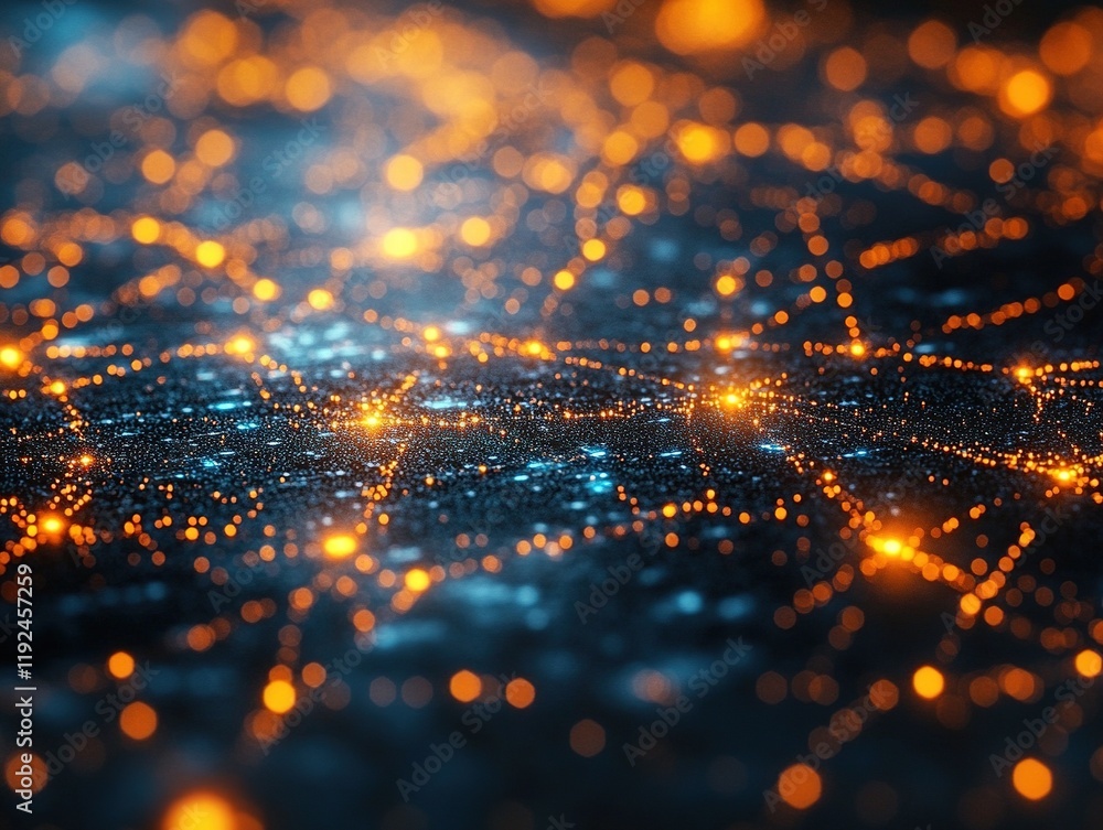 Aufkleber glowing network grid connecting points on dark surface, blurred background
