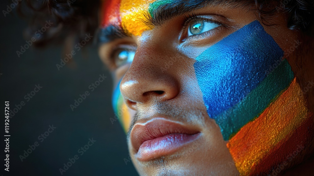 Poster close-up portrait of a person with a painted face, suitable for creative projects or artistic expres