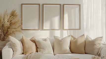 Minimalist living room with a cozy beige sofa, soft cushions, pampas grass, and framed art, bathed in warm light. Perfect for tranquil, stylish, and modern home decor themes.