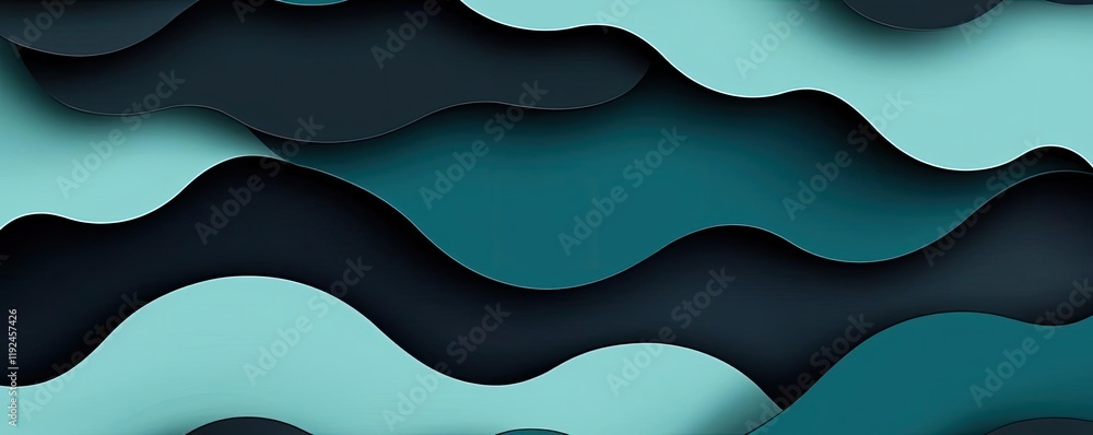 Poster Cloudy abstract background concept. Abstract wavy shapes in dark teal and light aqua creating a modern paper-cut effect.