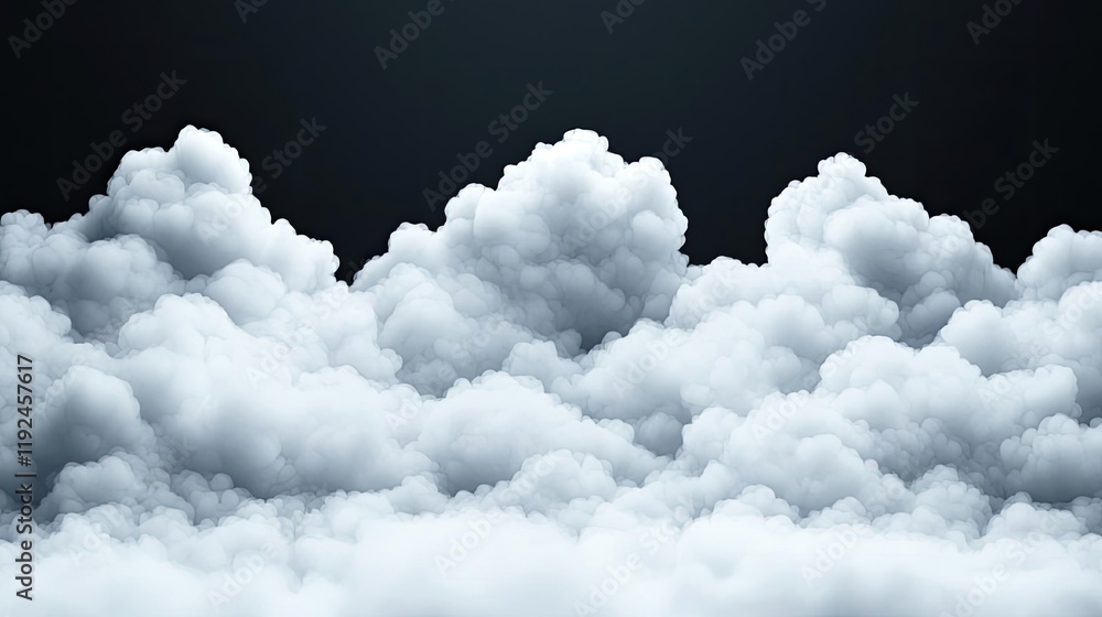 Poster Cloudy abstract background concept. Fluffy white clouds floating gently in a dark sky, creating a serene atmosphere.