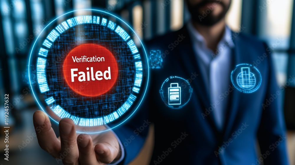 Poster verification failed: a businessman stares intently at a digital screen displaying a 