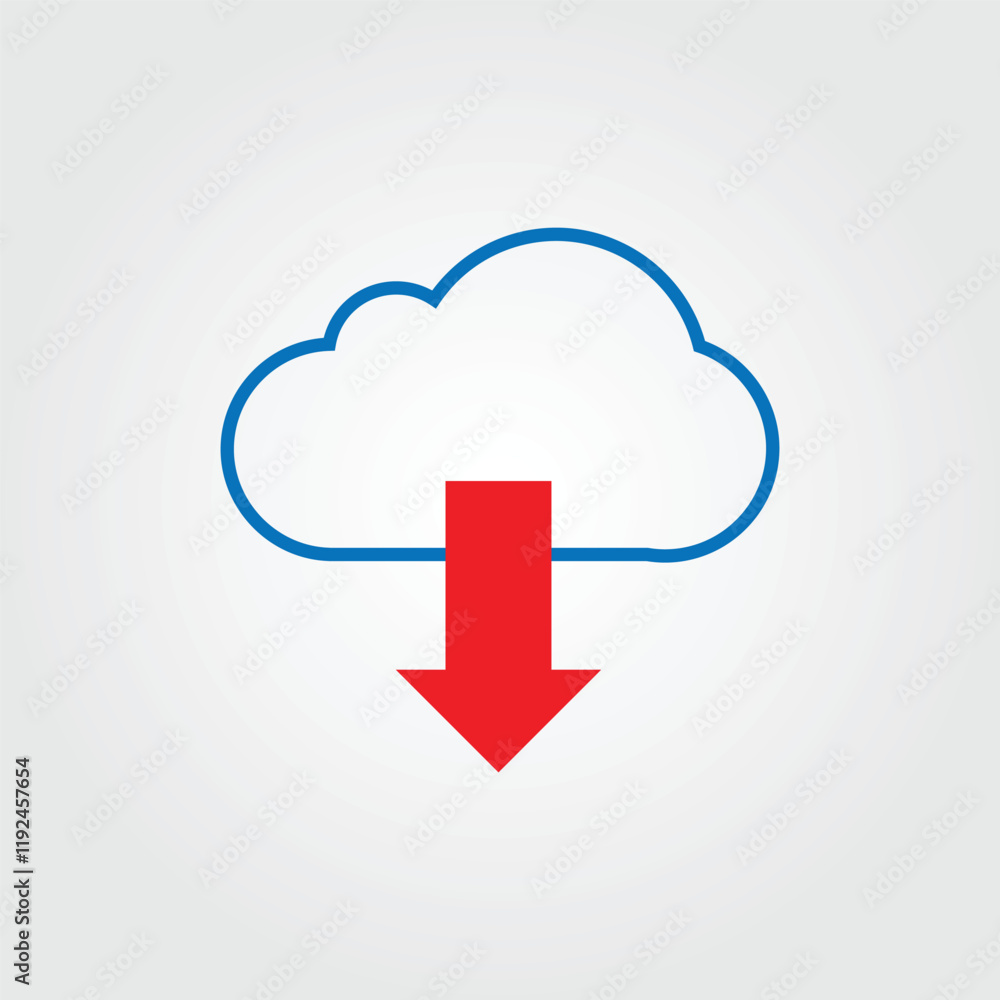 Poster a stylized cloud icon outlined in blue, with a solid red downward arrow positioned directly below it