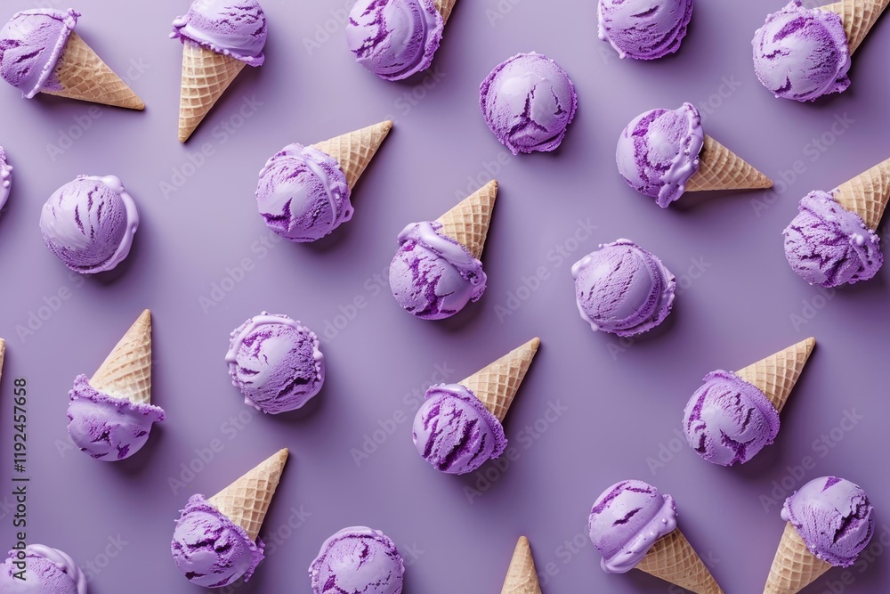 Poster lavender ice cream scoops and cones creating a repeating pattern on a purple backdrop