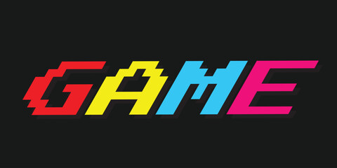 The word "GAME" is displayed in a pixelated, retro-style font against a solid black background. Each letter is a different vibrant color: red, yellow, cyan, and magenta. The font evokes classic 8-bit 