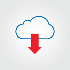 A stylized cloud icon outlined in blue, with a solid red downward arrow positioned directly below it. Simple lines against a light gray background, representing a download from the cloud.