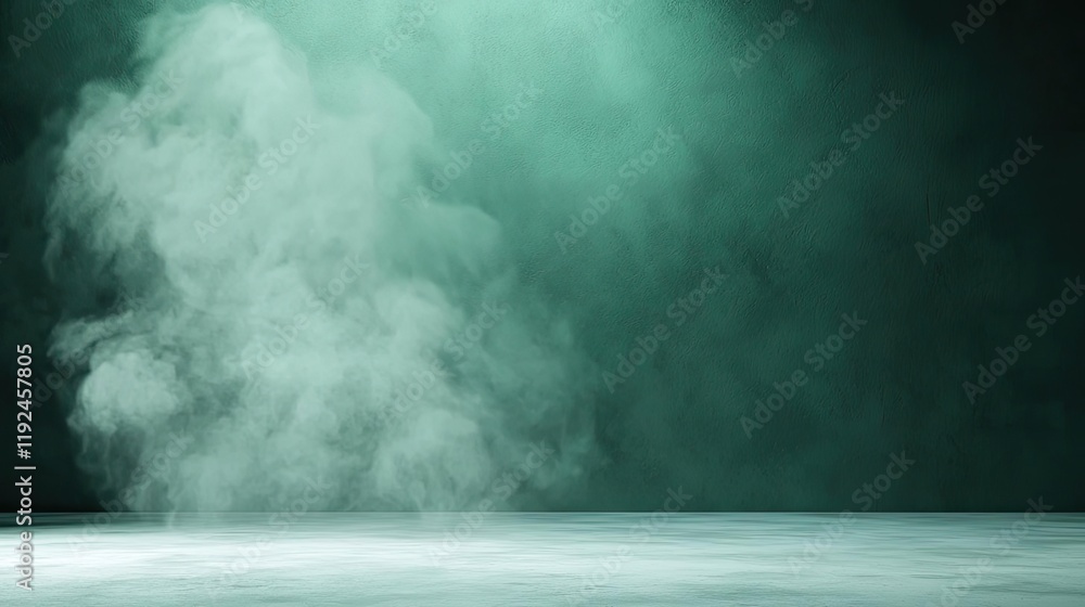 Poster Cloudy abstract background concept. Mysterious green smoke rising with a soft light background creating an ethereal effect.