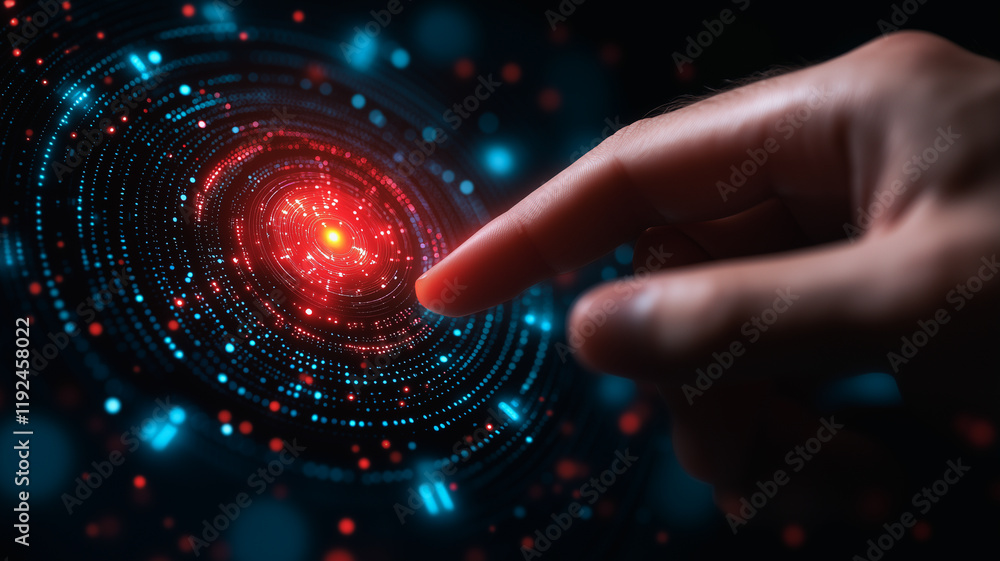 Poster digital touch: a single finger hovers above a glowing red orb within a circular, digital interface, 
