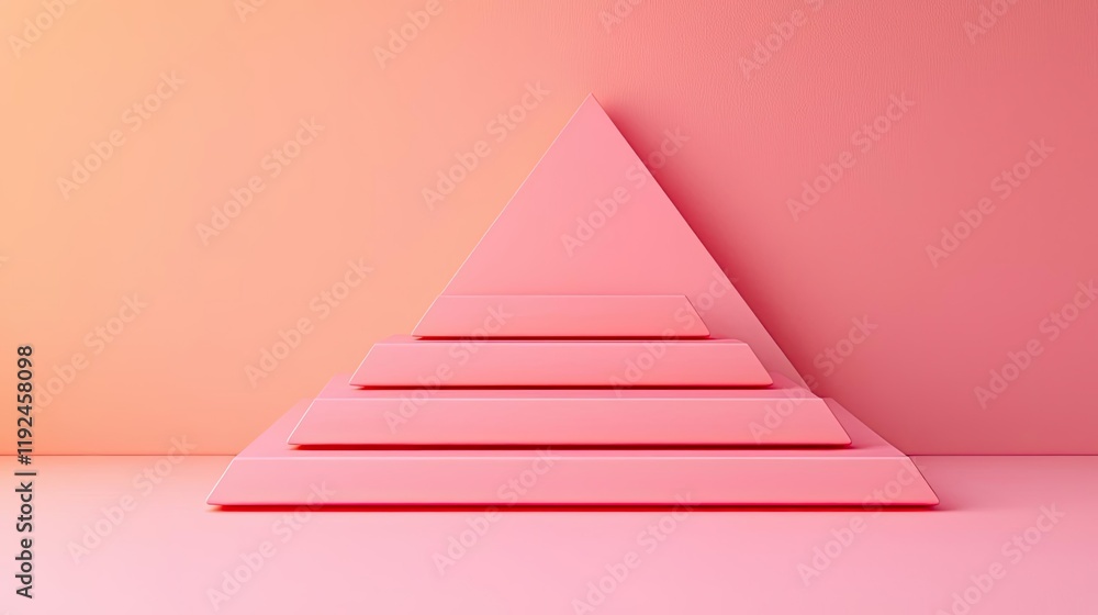 Aufkleber Triangle abstract background concept. A minimalist pink geometric pyramid shape with four layers on a soft gradient background.