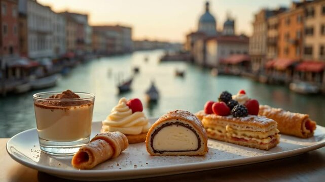 Selecci&oacute;n de postres italianos con vista a los canales de Venecia al atardecer