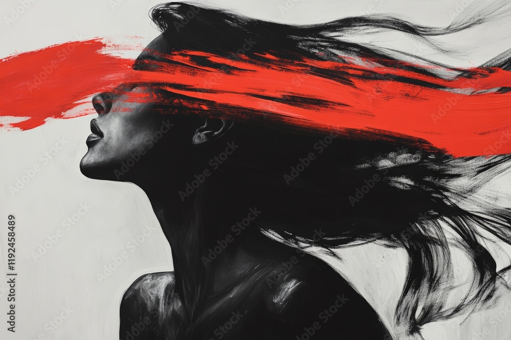 Poster artistic portrait of a woman with abstract red paint, capturing emotion and movement in a creative e