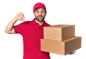 Hispanic male courier with boxes showing a dislike gesture, thumbs down. Disagreement concept.