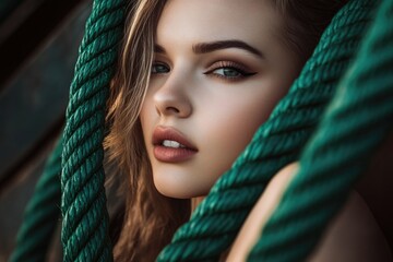A woman with long brown hair holds a green rope, possibly for climbing or sailing