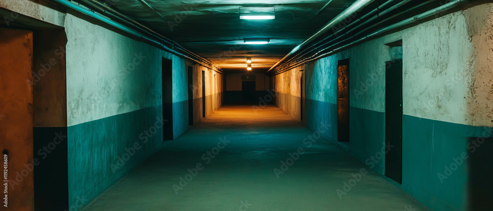 Poster exploring the depths of an empty basement with concrete walls