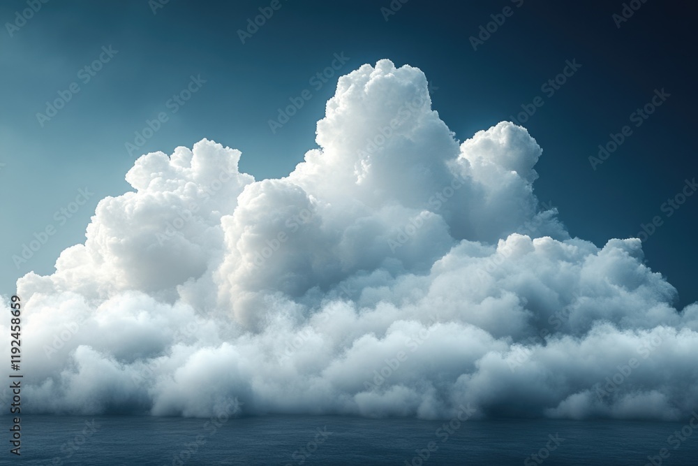 Poster a group of clouds floating above a calm body of water, perfect for use in scenes about serenity or t