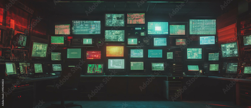 Poster quiet technological monitoring space with multiple empty computer screens