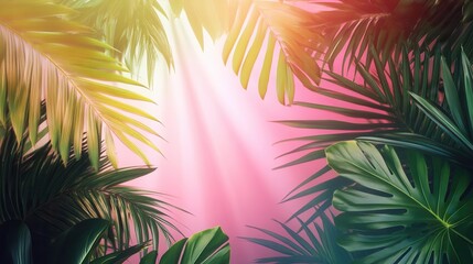 Tropical Palm and Monstera Leaves with Sunlight on Pink Background.