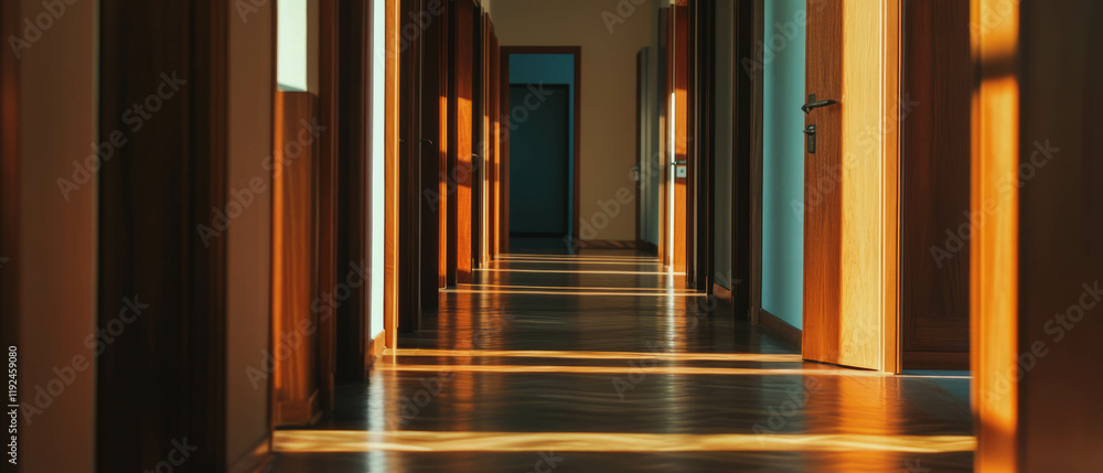 Poster long empty hallway with open doors inviting exploration and new beginnings