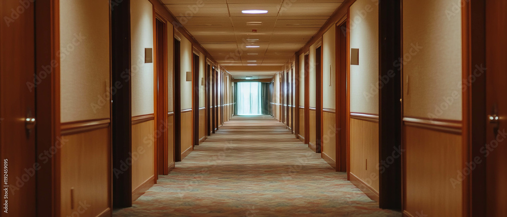Poster Exploration of an empty hallway with open doors inviting new adventures