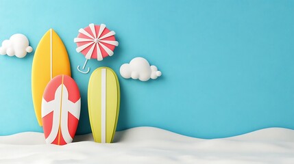 Cheerful Vector Illustration of Surfboards with Beach Umbrella and Clouds