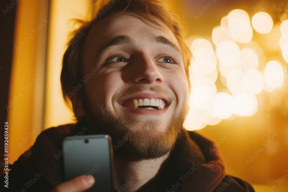 Poster a person with a happy expression holds a cell phone