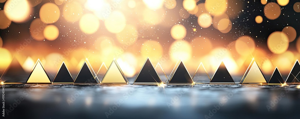Poster Triangle abstract background concept. Beautiful arrangement of golden pyramids with a sparkling bokeh background.