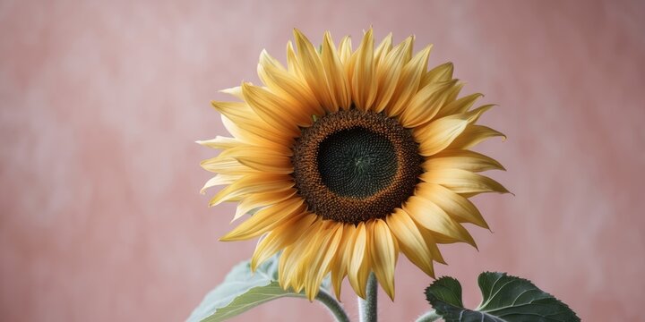 A striking sunflower in golden yellow on a soft pink backdrop