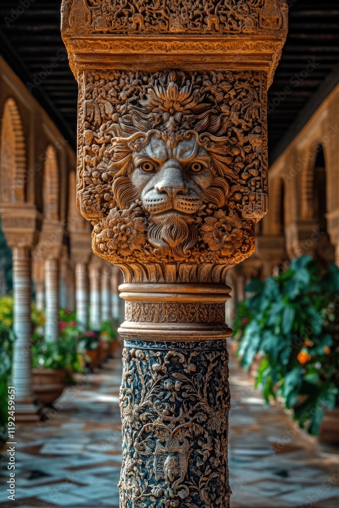 Poster A close-up view of a column or pillar featuring a lion's head carving, suitable for use in architectural, historical, or wildlife-related contexts
