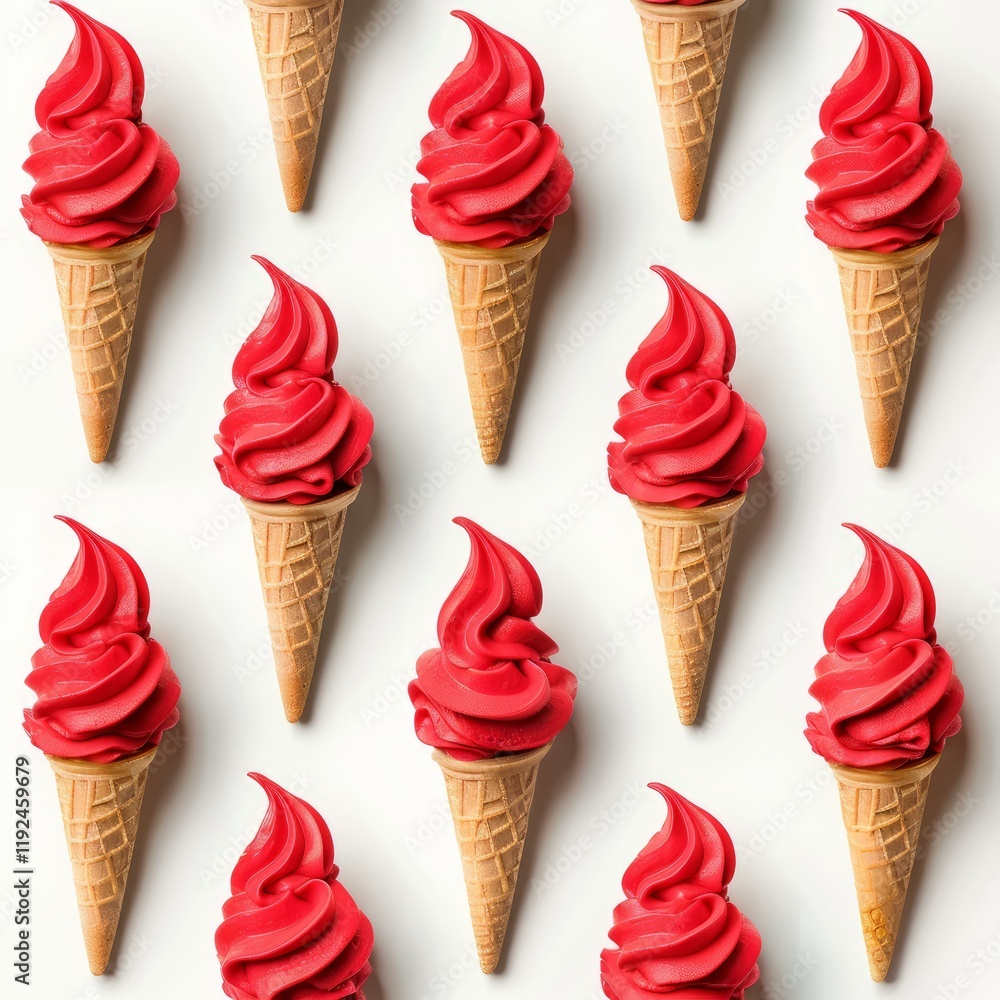 Poster repetitive arrangement of vibrant red soft serve ice cream in crispy cones evokes refreshing summer 