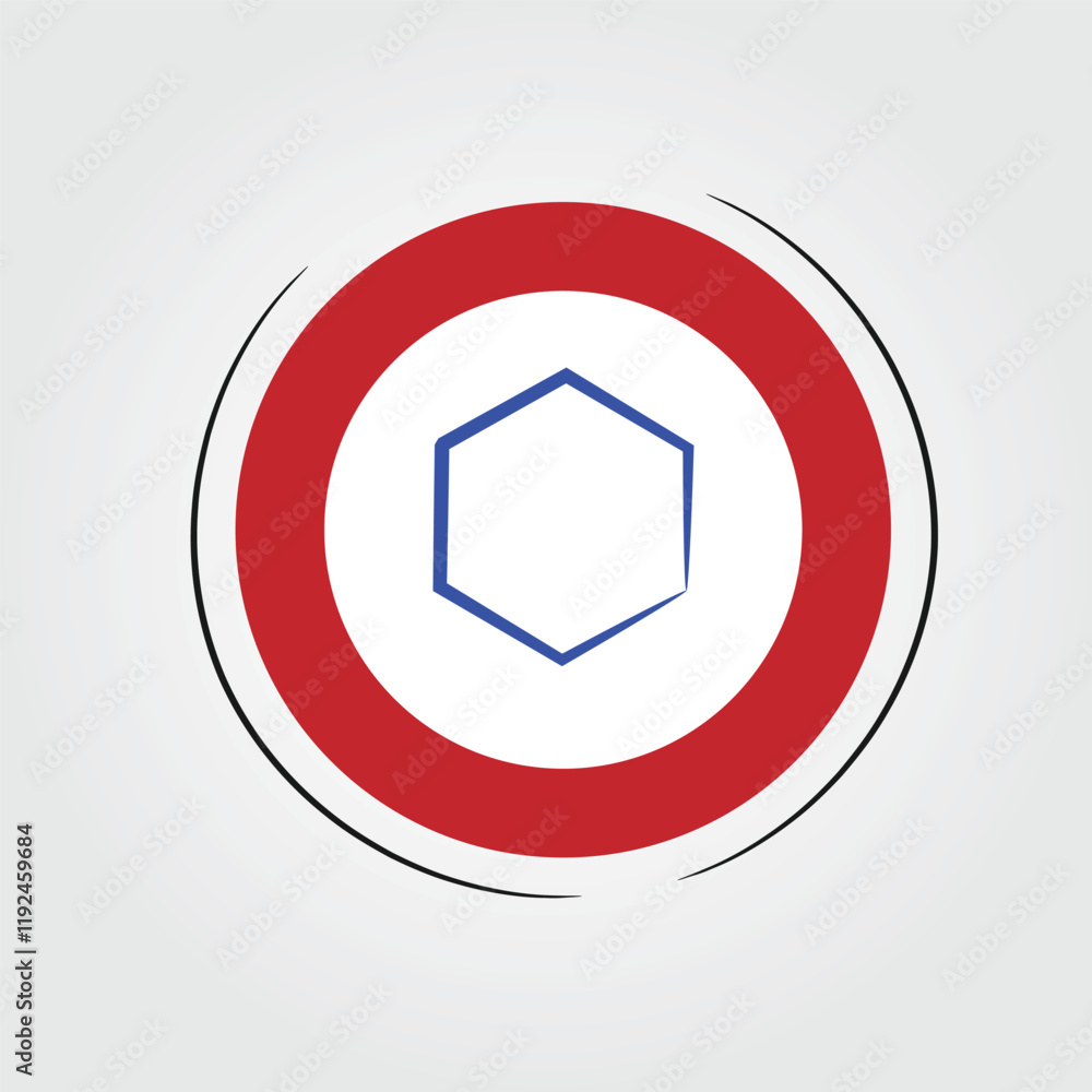 Poster a circular graphic with a red outer ring and a white inner circle. a blue, outlined hexagon is cente