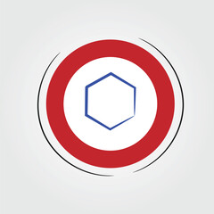 A circular graphic with a red outer ring and a white inner circle. A blue, outlined hexagon is centered within the white circle. Thin black lines encircle the entire graphic. All elements are set agai