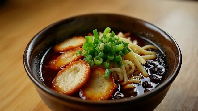Taz&oacute;n de fideos udon con sopa de miso, kamaboko y ceboll&iacute;n