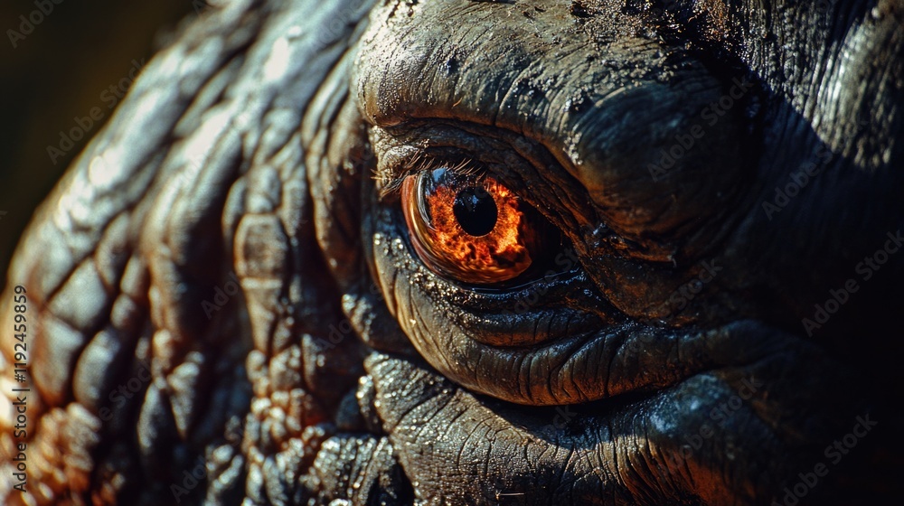 Poster close-up of an elephant's eye with distinctive features, suitable for animal or wildlife-related con