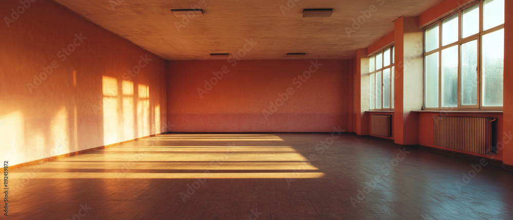 Poster spacious empty room with bare walls and warm sunlight streaming through large windows