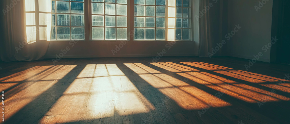 Aufkleber empty room with large windows casting shadows on wooden floor in a quiet atmosphere