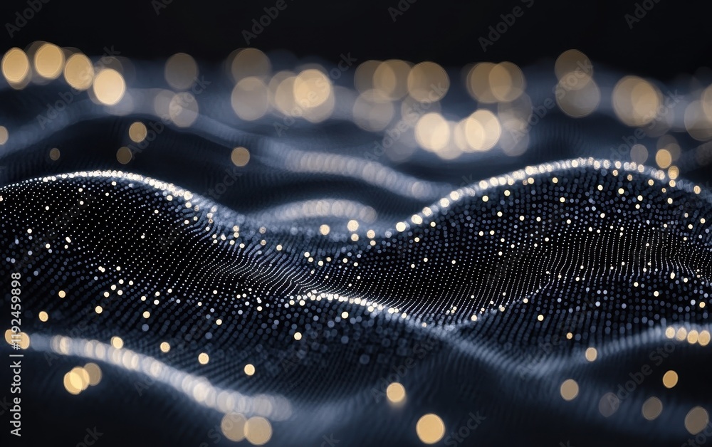 Poster abstract digital wavy surface with glowing particles and bokeh lights on dark background.