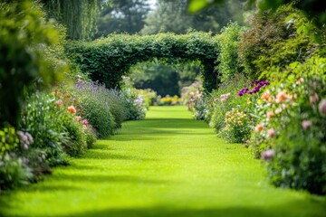 Naklejka premium Serene Garden Path with Lush Green Lawn, Flower Borders, and a Trellised Archway.