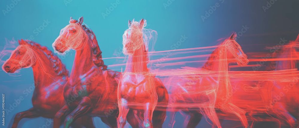 Poster equestrian statues illuminated with vibrant neon outlines in dynamic forms