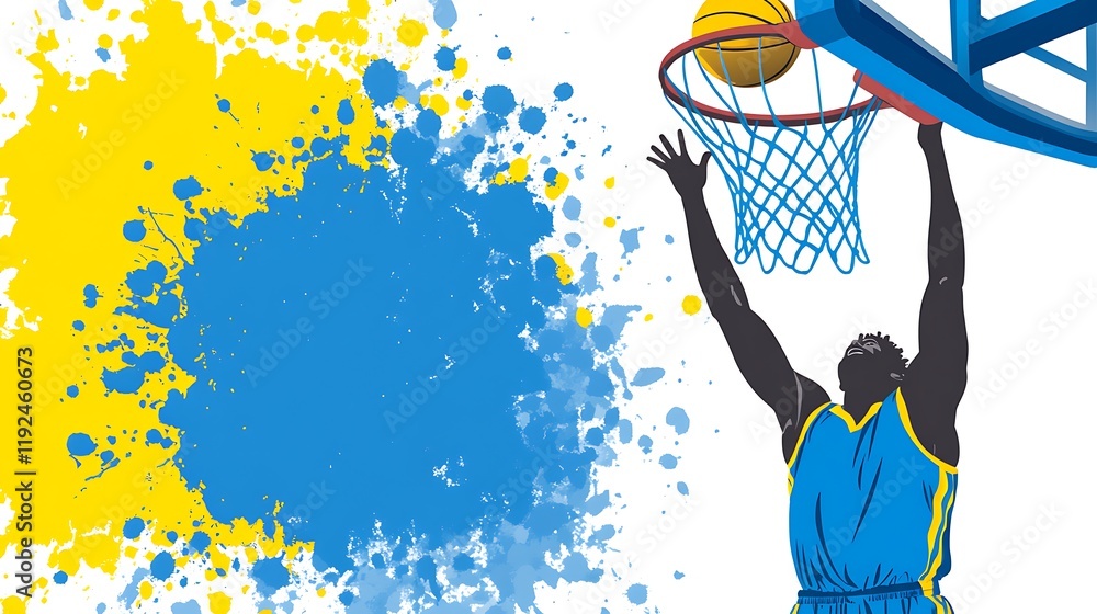 Poster dynamic basketball player scoring in a clean vector style design