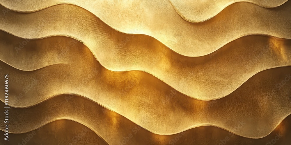 Poster luxurious golden wave patterned texture background with subtle reflections.