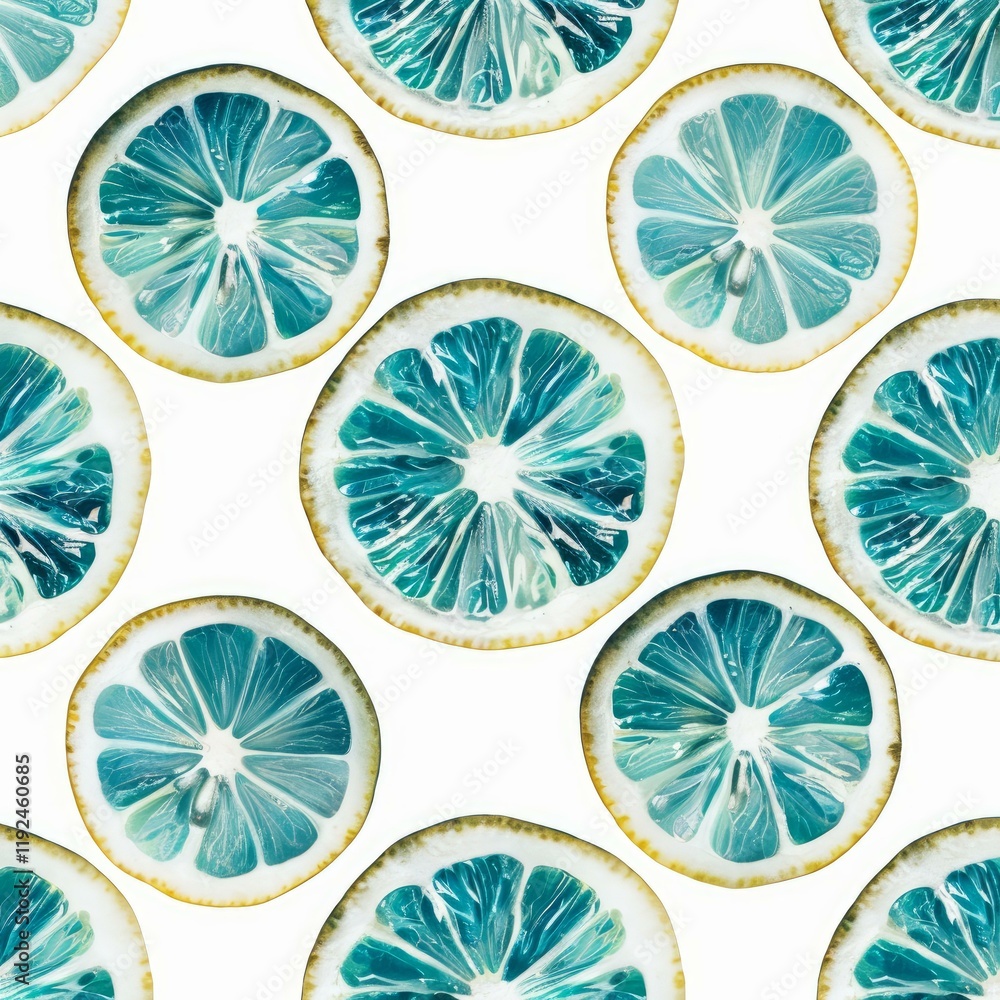 Poster vibrant citrus slices arranged in a seamless pattern, showcasing a refreshing and colorful design