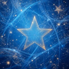 Sparkling Golden Stars on a Flowing Blue Background: A Magical Night-Themed Abstract Design