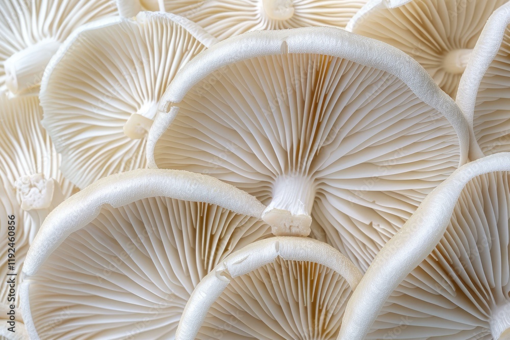 Aufkleber cluster of delicate white mushrooms displaying intricate gills and stems, creating a mesmerizing nat