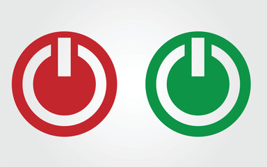 Two circular power button icons are displayed. One is red, the other green. Both feature a white, stylized power symbol within a circular outline, set against a light gray background.