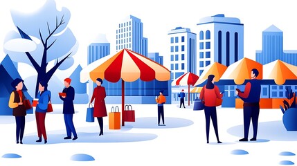 Vibrant Flat Vector Illustration of Urban Marketplace in Winter