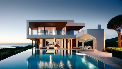 Fototapeta premium Ultra-Modern Luxury Villa with Infinity Pool, Floor-to-Ceiling Glass Walls, Spacious Open Concept Design, High-Tech Features, Premium Materials, and Serene Private Setting – The Perfect Dream Home for