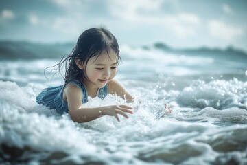 Fototapeta premium A young girl relaxing on a surfboard in the ocean