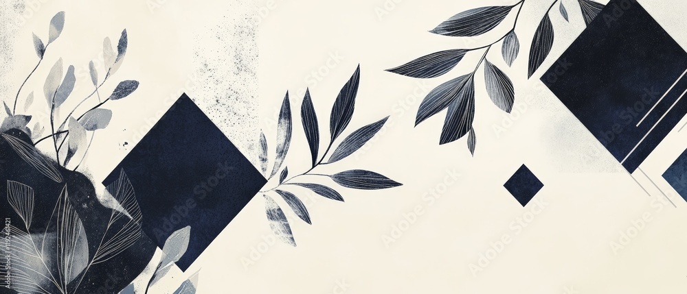 Poster abstract design featuring geometric shapes and botanical elements in dark and light tones for modern