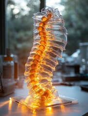 Glowing spine model on lab desk with blurred background